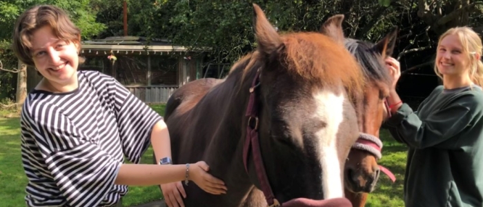 Two girls stroking a horse