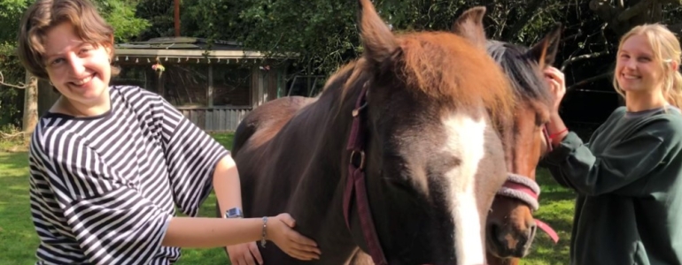 Two girls stroking a horse